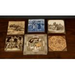 A group of six antique tiles to include a Josiah Wedgwood and Sons; a Minton Rob Roy in Glasgow