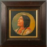 An early 20th century embossed card picture of a Native American. 24cm X 25cm mounted in an oak