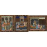 Three 20th century Eastern paintings on cloth, each approximately 19cm x 22cm, sizes varying, framed