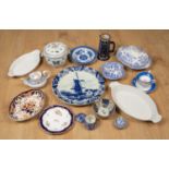 A group of blue and white ceramics to include a Willow pattern square dish and bowl, a Spode teapot,