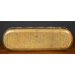 A Dutch 18th century brass snuff box, the hinge lid and base hand engraved with Dutch biblical style