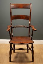 A 19th century high back Oxford pattern armchair with turned supports, 64cm wide x 51cm deep x 119cm
