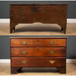 An antique six plank oak chest, and a hardwood shallow chest of three drawers, the oak chest 113 x