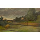 Spencer (20th century English school) railway bridge at sunset, oil on canvas, signed to folded