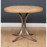 An oval oak topped garden table, on stainless steel pedestal base, 88cm wide x 94cm deep x 76cm