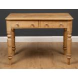 A Victorian pine two drawer side table with turned supports, 100cm wide x 55cm deep x 72cm