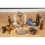A group of collectables to include a pair of copper bottles with stoppers, 27.5cm high; a pair of