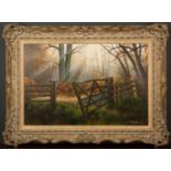 Paul James an open gate in woodland, oil on canvas, framed, 74.5cm x 49cmCondition report: In good