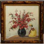 J Van Couver still life, flowers in a vase with a kneeling boy, oil on panel, 45cm x 45cm, framed