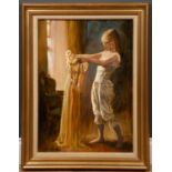 John Heseltine (1923-2016), Choosing the Yellow Dress, oil on board, signed lower left, framed, 42.