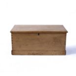 Pine blanket box early 20th Century, with iron metal handles on plinth base, 87cm x 39cm x