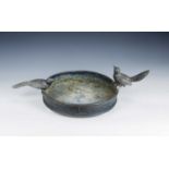 Lead circular bird bath modelled with two birds perching on the rim, 53cm wide approx