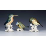 Karl Ens of Volkstedt three porcelain birds, each with windmill mark to the base, kingfisher 12cm