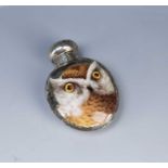 Silver scent bottle with enamel decoration of an owl, bearing marks for Horton & Allday, Birmingham,