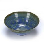 Alan Caiger-Smith (1930-2020) studio pottery bowl, gold lustre brushwork over blue ground, painted