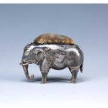 Edwardian silver novelty pincushion in the form of an elephant, bearing marks for Boots Pure Drug
