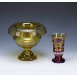 Two pieces of Bohemian glass one a flashed glass vase with red, yellow and clear glass colouring,
