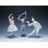 Three Copenhagen porcelain figures one a Bing and Grondahl Pierrot clown, marked to the base, 23cm