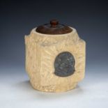 WWII stone jar from the Houses of Parliament with rose decorated oak cover/lid inscribed 'This stone