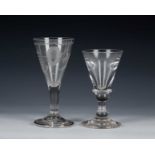 18th Century ale glass 10.5cm high and an early 18th Century etched drinking glass, 12cm high (2)