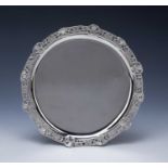 Victorian silver salver with pierced floral basket border on three feet, bearing marks for Thomas