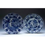 Pair of Delft blue and white chargers Dutch, 18th Century, both painted in the Chinese Kraak style