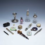 Collection of silver and miscellaneous items to include: porcelain circular scent bottles with white