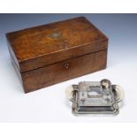 Edward VII silver desk inkwell with accompanying writing box the inkwell with twin handles and