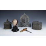 Collection of pieces to include: turned blue john urn on an ebonised socle base, two lead boxes, one