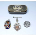 Selection of items to include: horn snuff box, silver sporting medallion, millefiori glass and 925