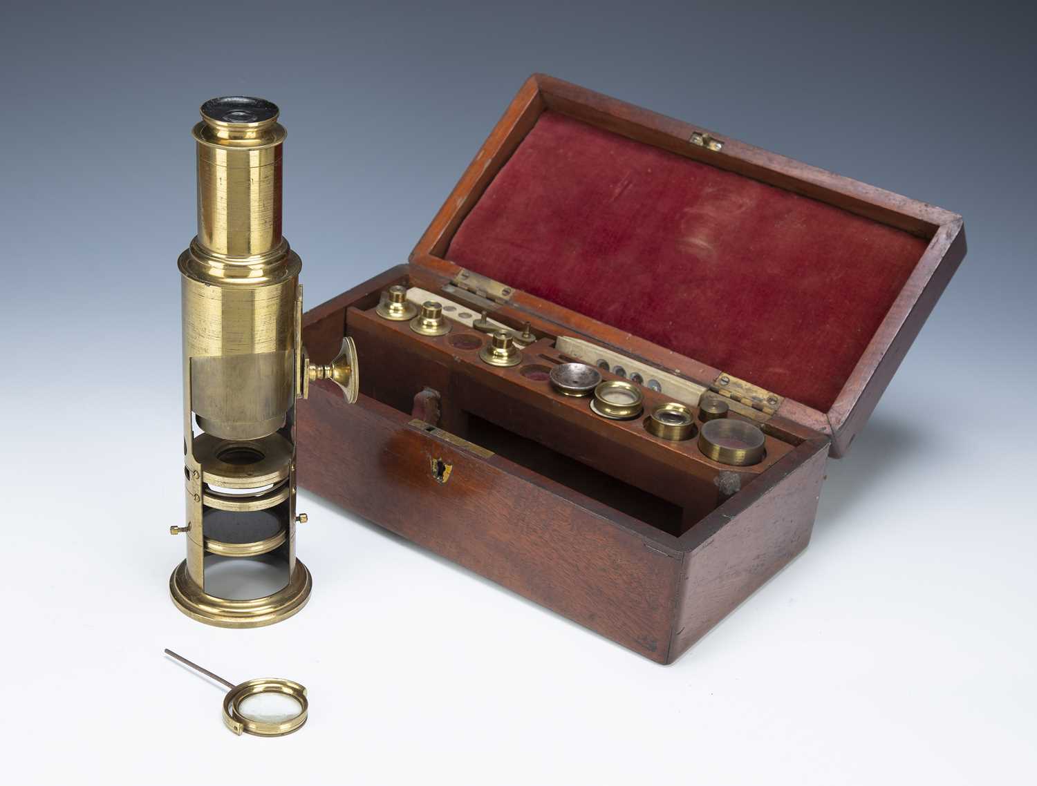 Newton & Co, 3 Fleet Street, Temple Bar, London 19th Century lacquered brass drum microscope in a