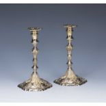 Pair of classical style silver-gilt candlesticks bearing marks for T. S. C, London, 1966, 15.5cm