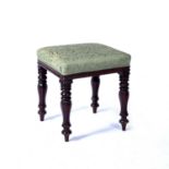 Mahogany framed stool Victorian, with tulip carved legs with green upholstery, 42cm x 47cm Condition