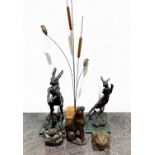 Group of sculptures consisting of: Harriet Glen 'Moondaisy' resin seated hare, signed near the
