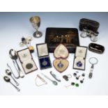 Collection of silver and other items to include: Chinoiserie lacquered box, silver sugar tongs,