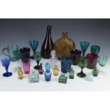 Collection of glassware to include: antique drinking glasses, modern drinking glasses, decanters,