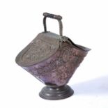 Late Victorian coal scuttle copper, with embossed decoration, unmarked, 56cm high overall