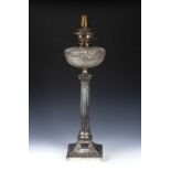 Victorian oil lamp silver plated Corinthian column form with hobnail cut reservoir, later