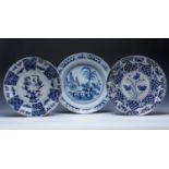 Three Delft blue and white chargers Dutch, 18th Century, to include two with foliate and panelled