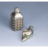 Two silver scent bottles one of teardrop form decorated with flowers in enamel, bearing marks for