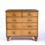 Satin walnut chest of drawers with two drawers over three, piecrust edge standing on bun feet, 110cm