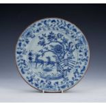 Delftware plate 18th Century, painted with two deer and a fence in the Chinese manner, 22cm