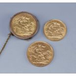 Two sovereigns one dated 1910, the second dated 1913 in 9ct gold brooch mount and a 1903 half-