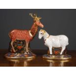 A Royal Crown Derby Heraldic Derbyshire paperweights, a stag and a ram, limited edition,