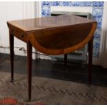 A George III mahogany, satinwood and rosewood banded oval Pembroke table, with one real and one