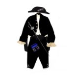 A 19th blue velvet dress uniform, with jacket, trousers, white shirt, black bicorn hat, a pair of