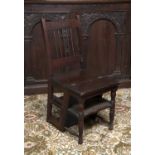 A late 19th century oak metamorphic library chair/steps, on turned supports. Provenance: From the