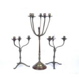 A 19th century brass five branch candelabrum, on knopped and tapered column, and circular base