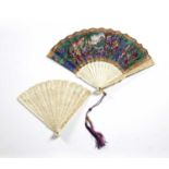 A 19th century Cantonese fan with carved ivory sticks, the paper guard painted with a multitude of