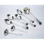 Collection of silver spoons and ladles consisting of: Large silver ladle, bearing marks for